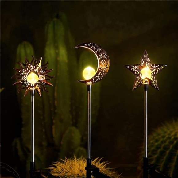 Solar Lights Outdoor Garden Decorations Sun Moon Star Stake Light Decorative - Picture 1 of 6